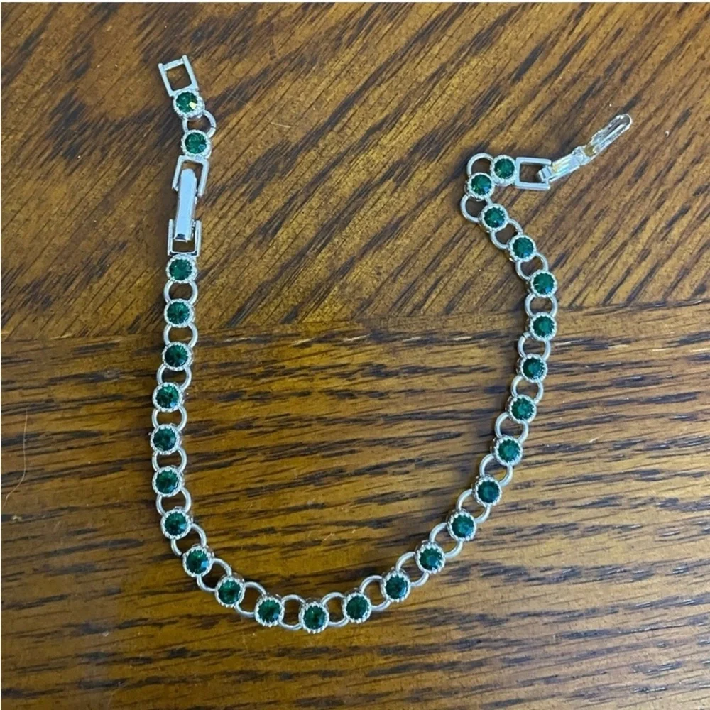 Silver Green Crystal Link Bracelet - Women Jewelry